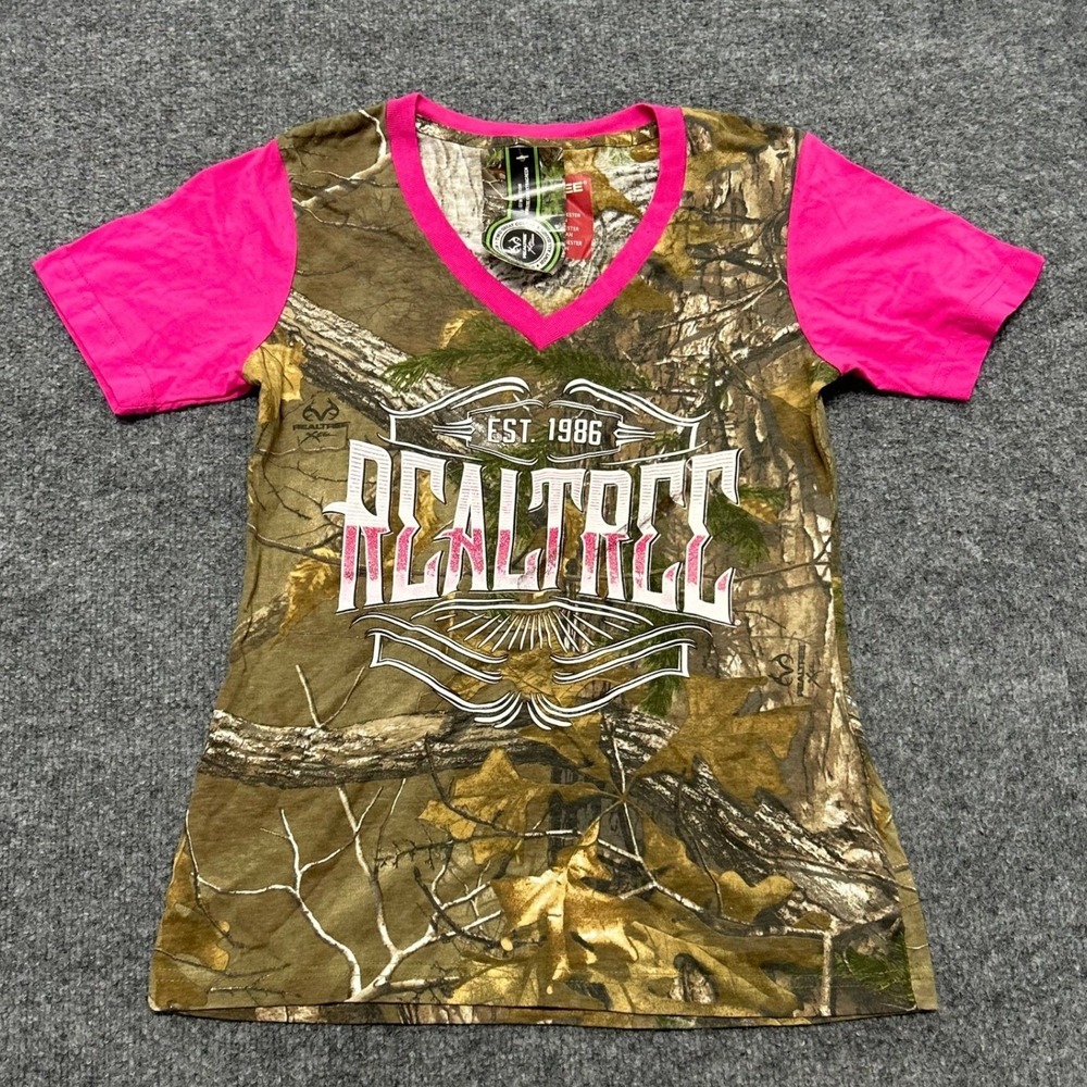 Realtree T-Shirt Womens Size S Camo Pink V-Neck Graphic Short Sleeve Slim Fit